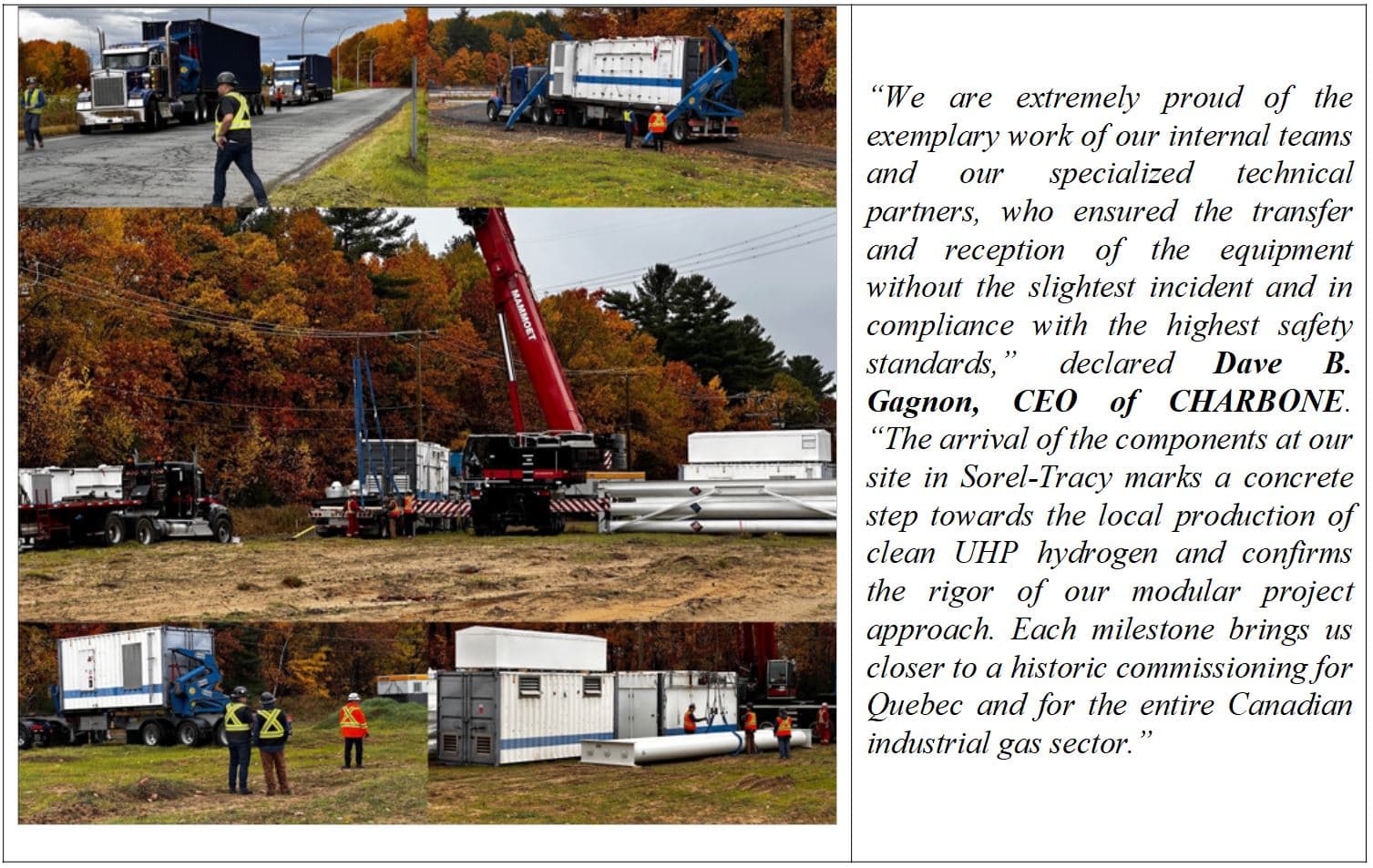 CHARBONE Corporation Reaches Critical Milestone with Equipment Delivery at Sorel-Tracy Hydrogen Facility